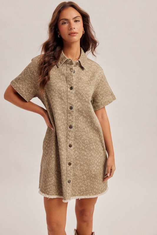 Short sleeve leopard denim mini dress