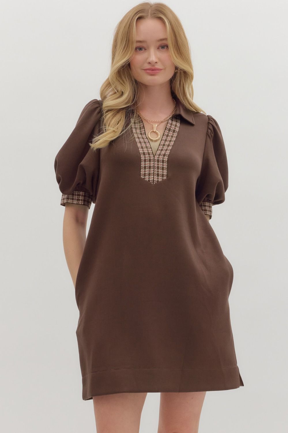 Brown/pink houndstooth dress