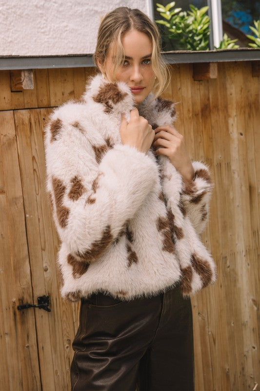Faux cow print fur jacket