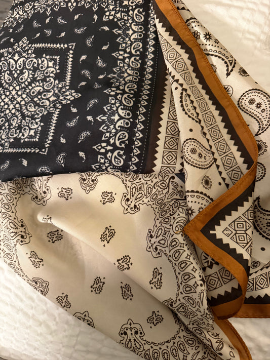 Tan and black bandanna scarf