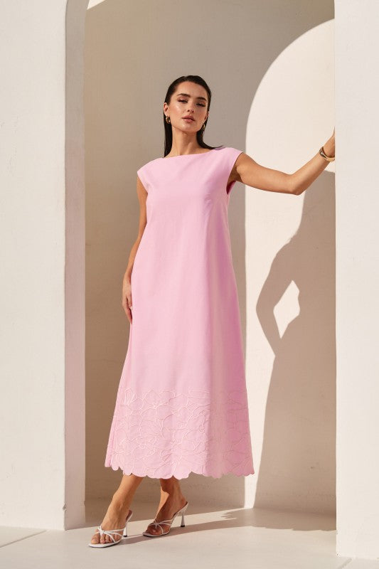pink embroidered bottom detail midi dress