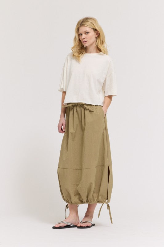 gathered hem olive skirt