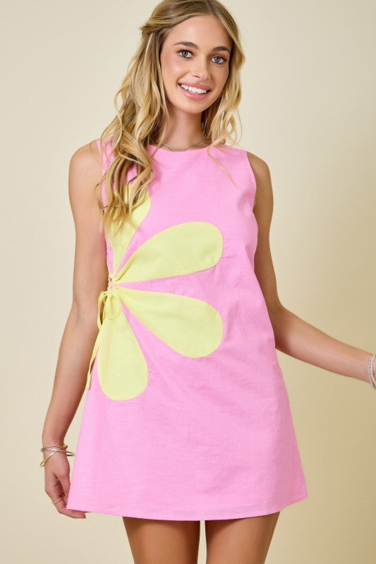 lemon flower/ pink mini dress
