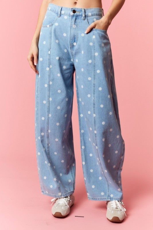 polka dot denim barrel jeans