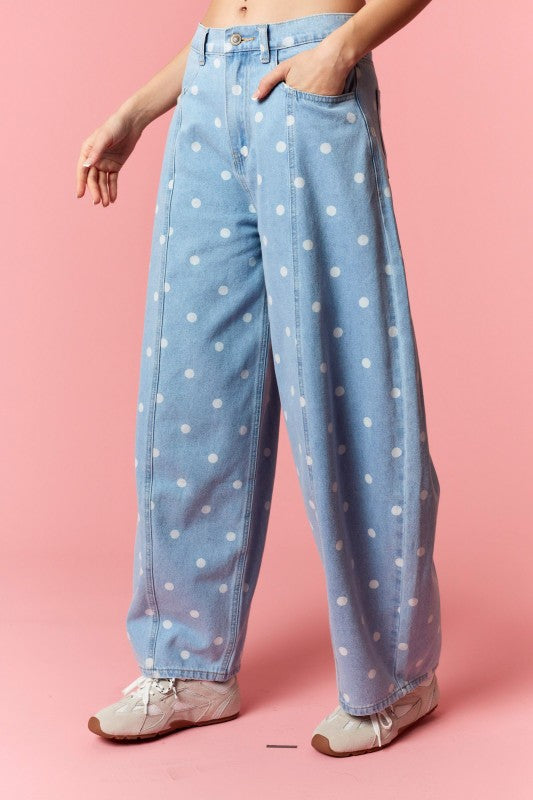 polka dot denim barrel jeans