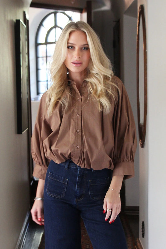 Brown 3/4 sleeve bubble top