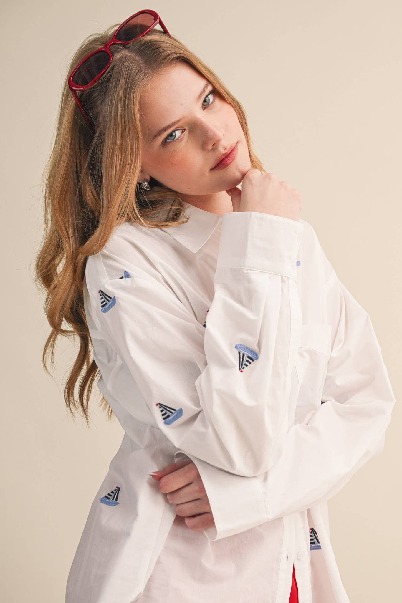 SAILBOAT EMBROIDERY BUTTON DOWN SHIRT
