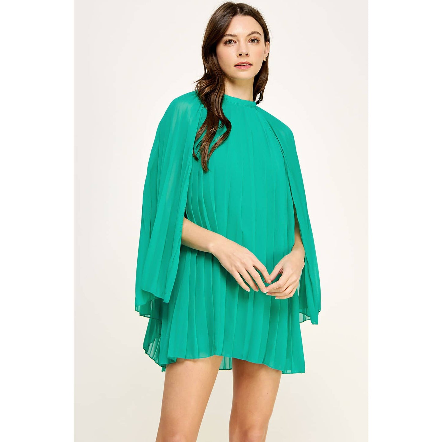 Pleated Chiffon Cape Shift Mini Dress