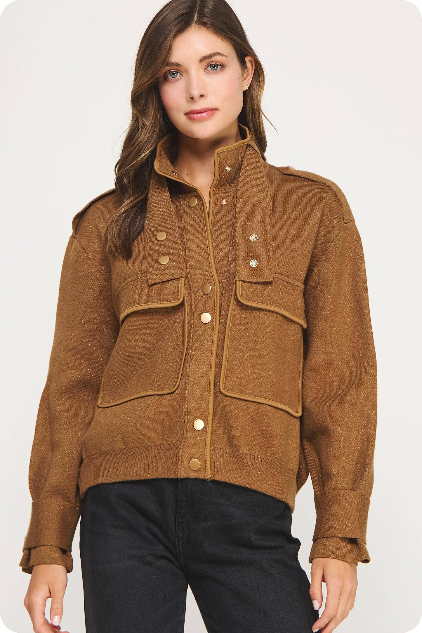 Satin Piping Pocket Detail Lurex Knit Jacket