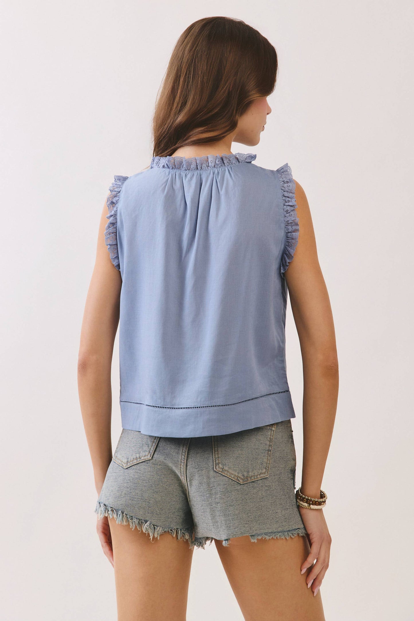 Lace Trim Button Front Sleeveless Blouse