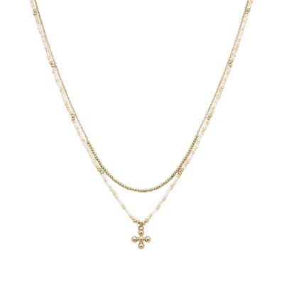 Natural Seed Bead and Gold Beaded Cross 16"-18" Necklace NAT