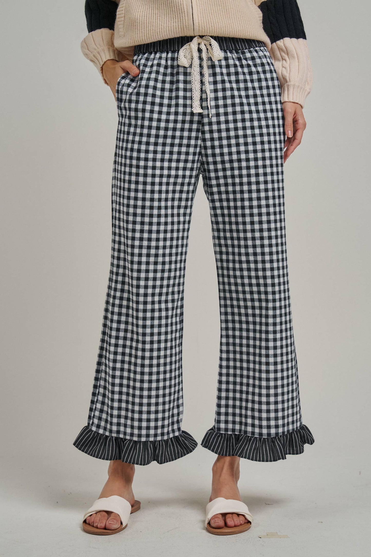 GINGHAM CHECK ELASTIC WAIST PANTS