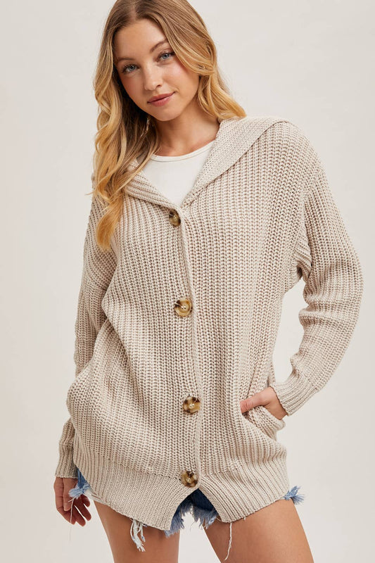 BUTTON DOWN COLLAR NECK RIBBED KNIT SWEATER CARDIGAN