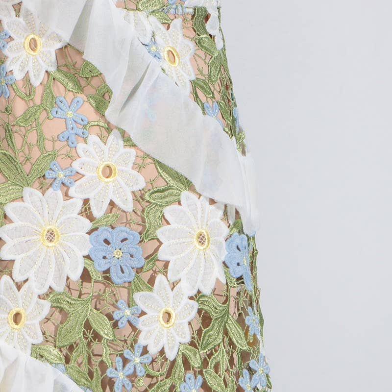 DR409 Floral Embroidered One-Shoulder Ruffle Maxi Dress