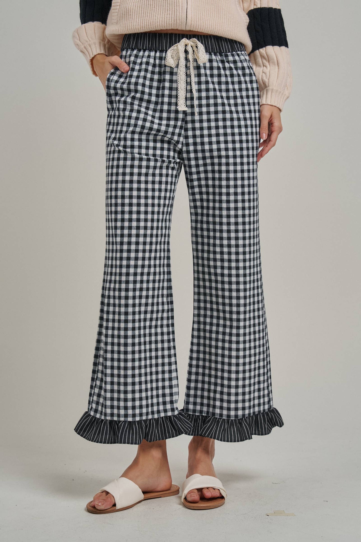 GINGHAM CHECK ELASTIC WAIST PANTS