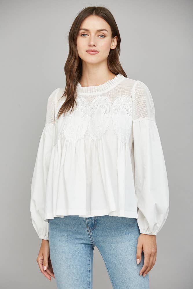 LACE APPLIQUE DETAIL MIXED MEDIA LONG SLV BLOUSE