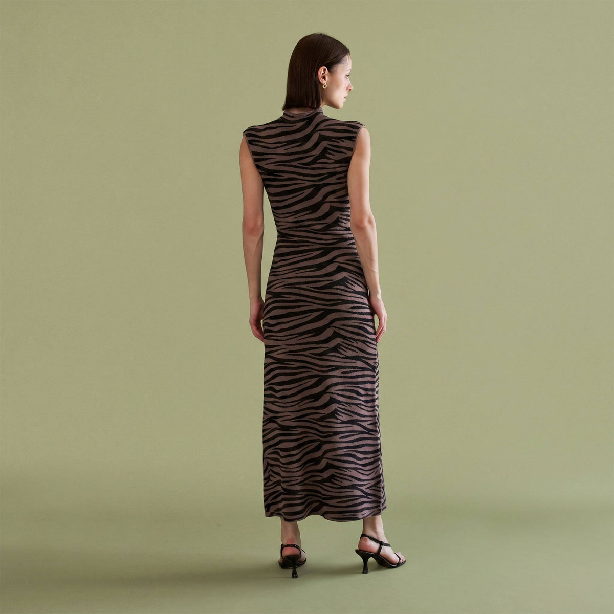 Zebra Print Mock Neck Sleeveless Knit Maxi Dress