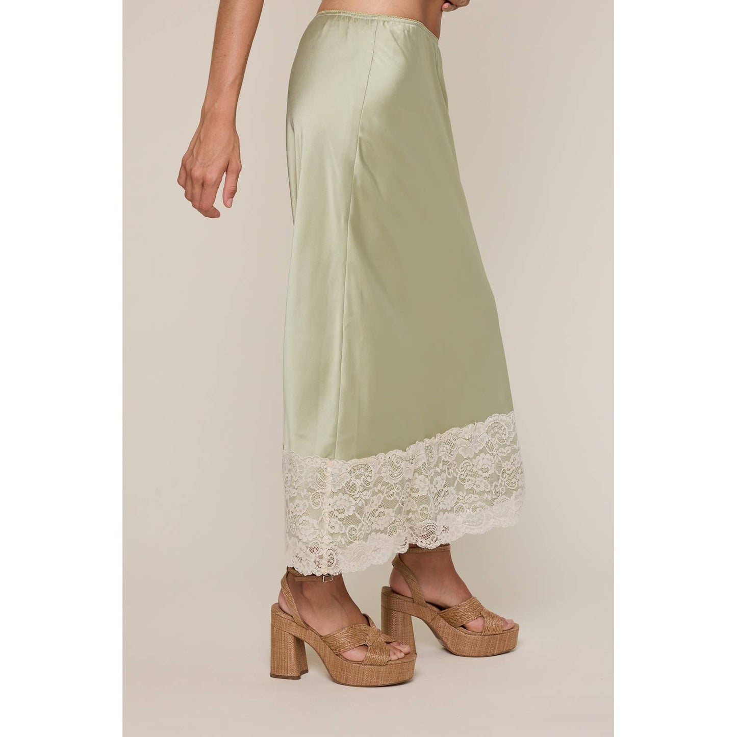 LACE TRIM SATIN MIDI SKIRT