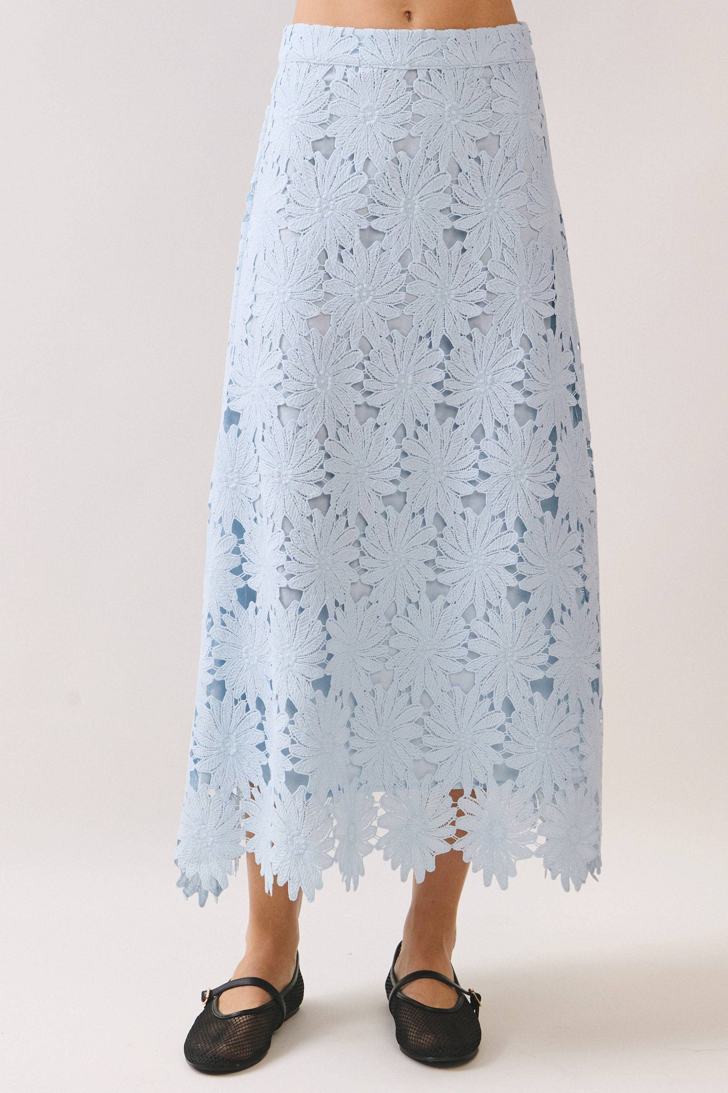 Floral Lace Scalloped Hem Fully Lined Midi Skirt