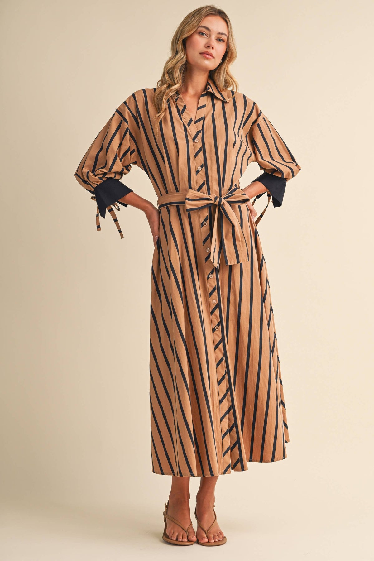 ID10703 STRIPED PRINT PINTUCK DETAIL WAIST MIDI SHIRT DRESS
