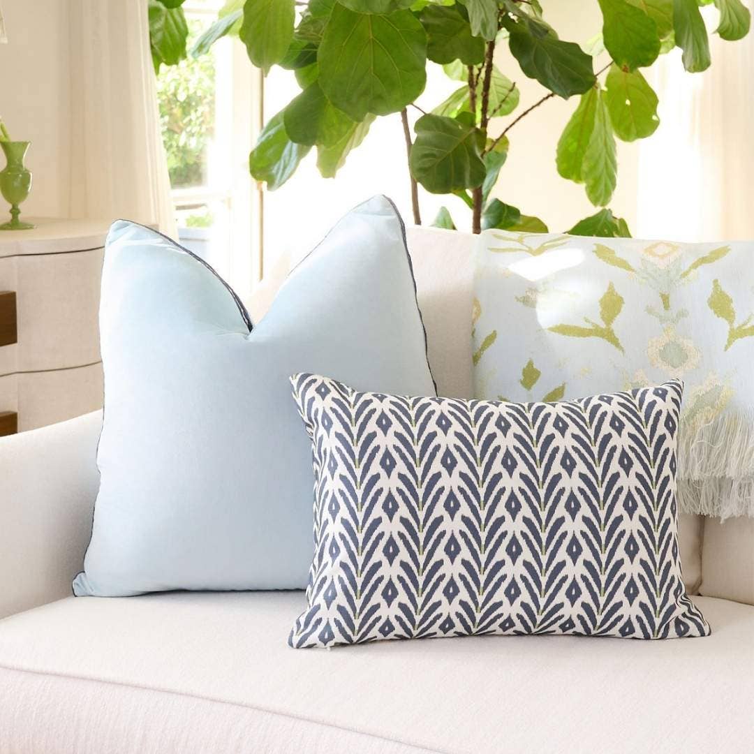 Light Blue Velvet Pillow with Navy Embroidery