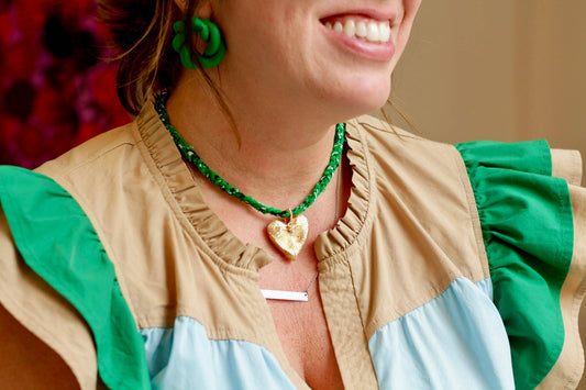 Green Bandana with Gold Leafed Heart Necklace 