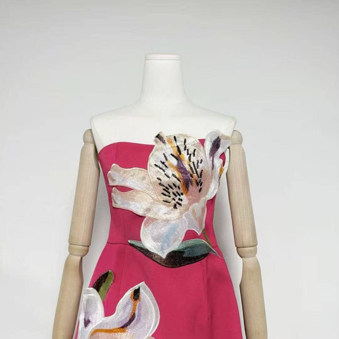 DR840Y Women’s Strapless Dress with 3D Floral Beaded Detail