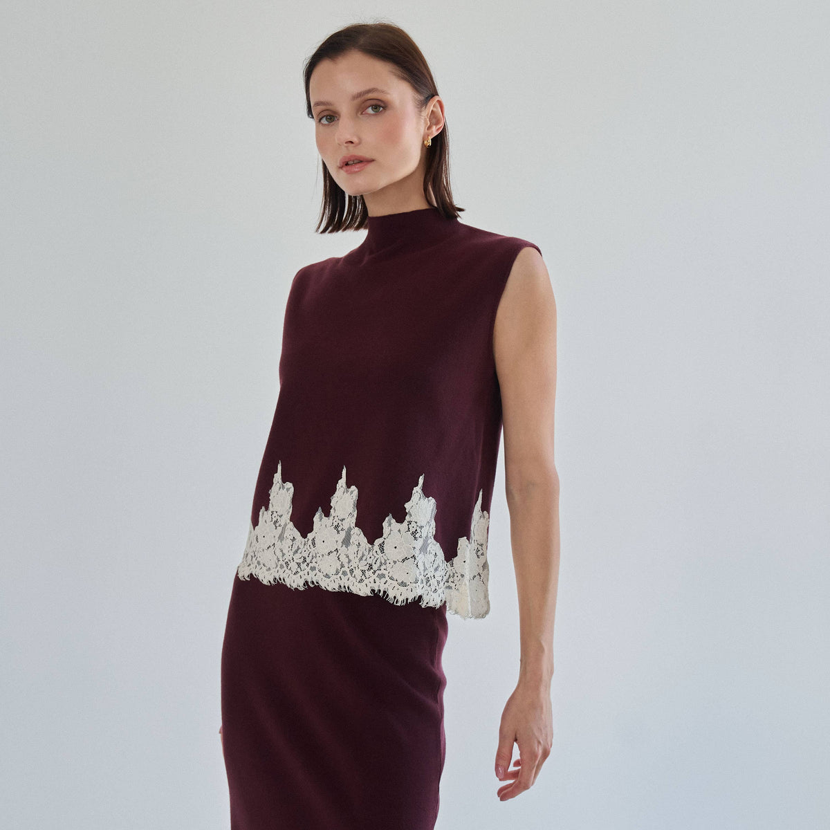 Lace Trim Mock Neck Top & Maxi Skirt Knit Set