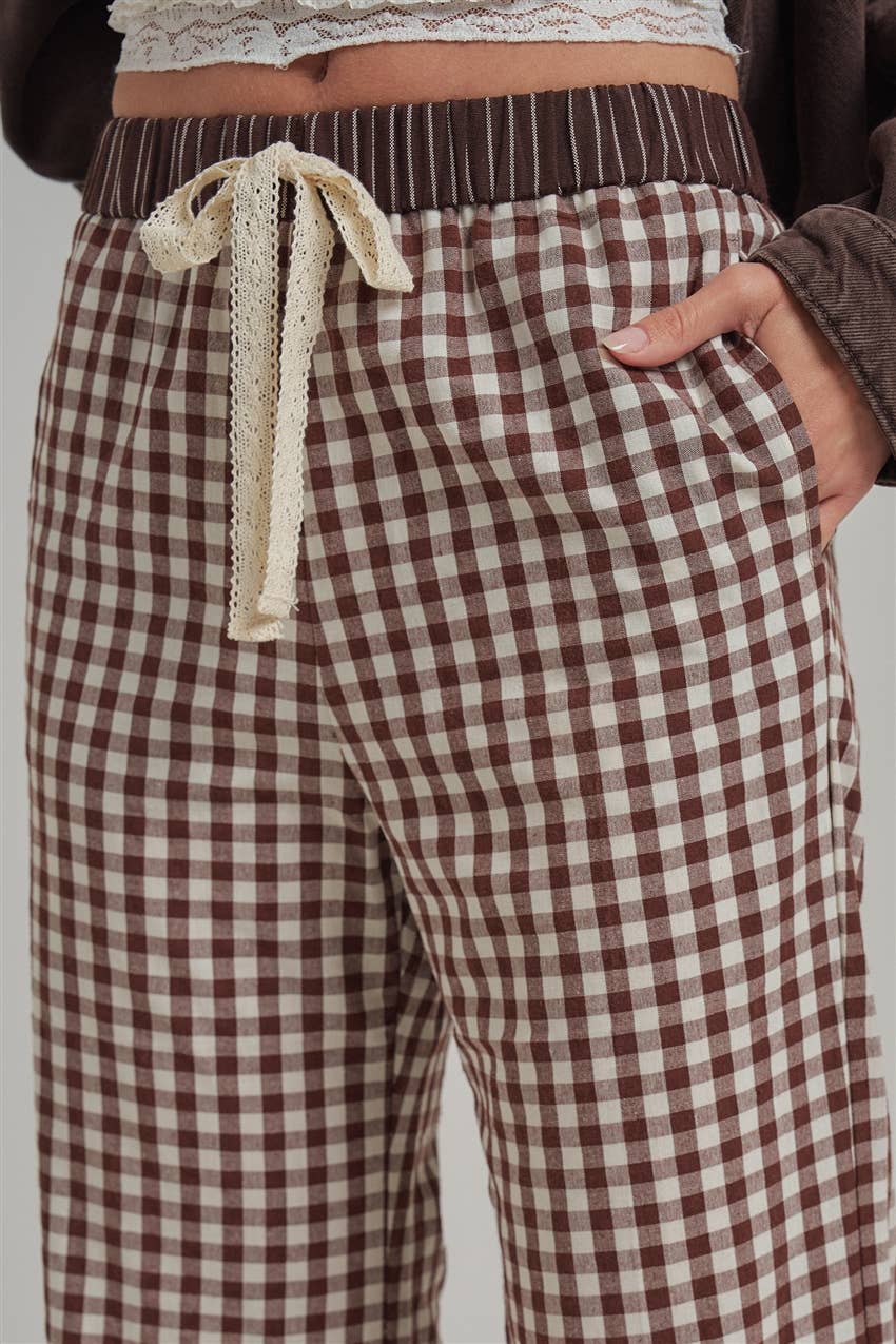 GINGHAM CHECK ELASTIC WAIST PANTS