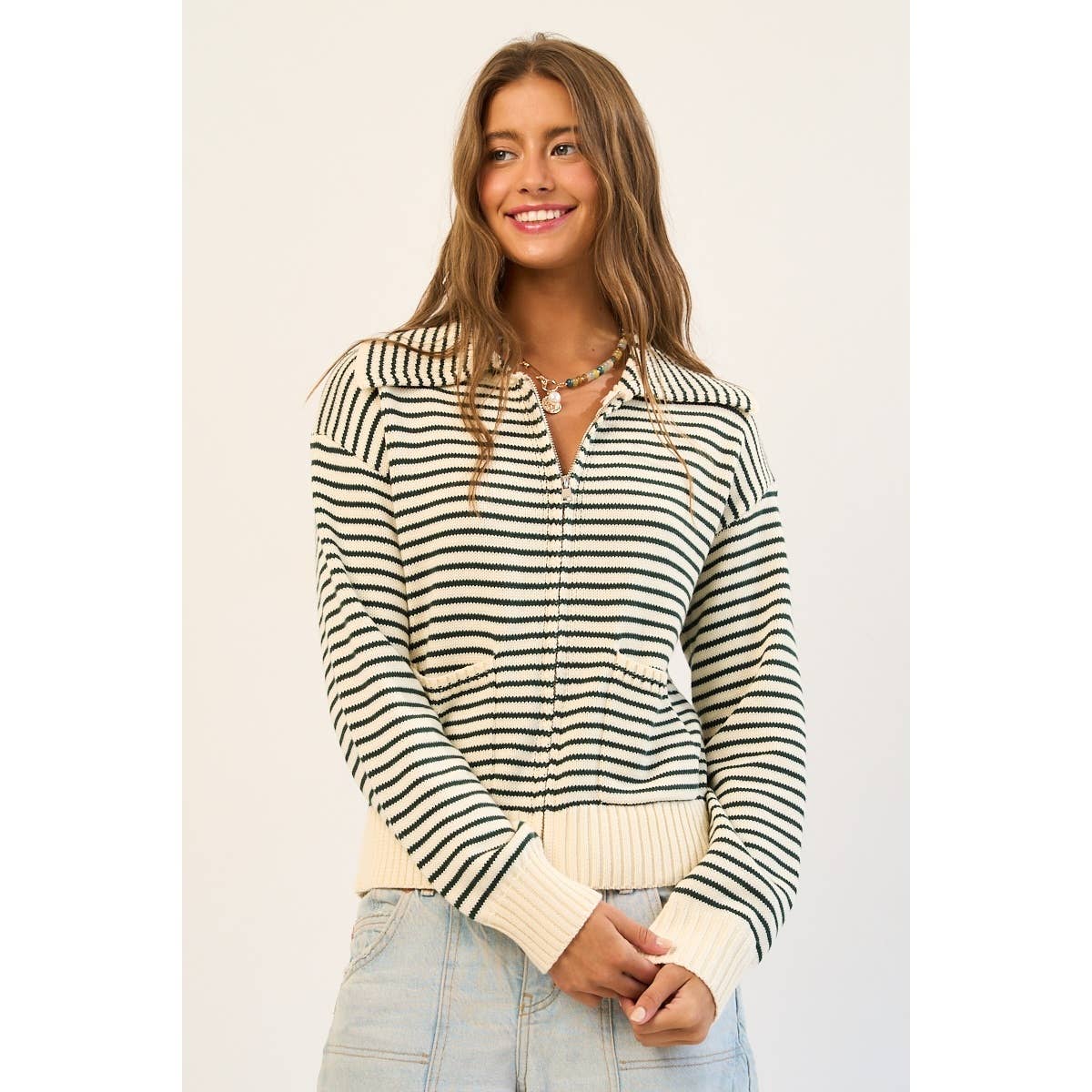 Striped Cotton Blend Zip-Up Sweater with Wide Collar