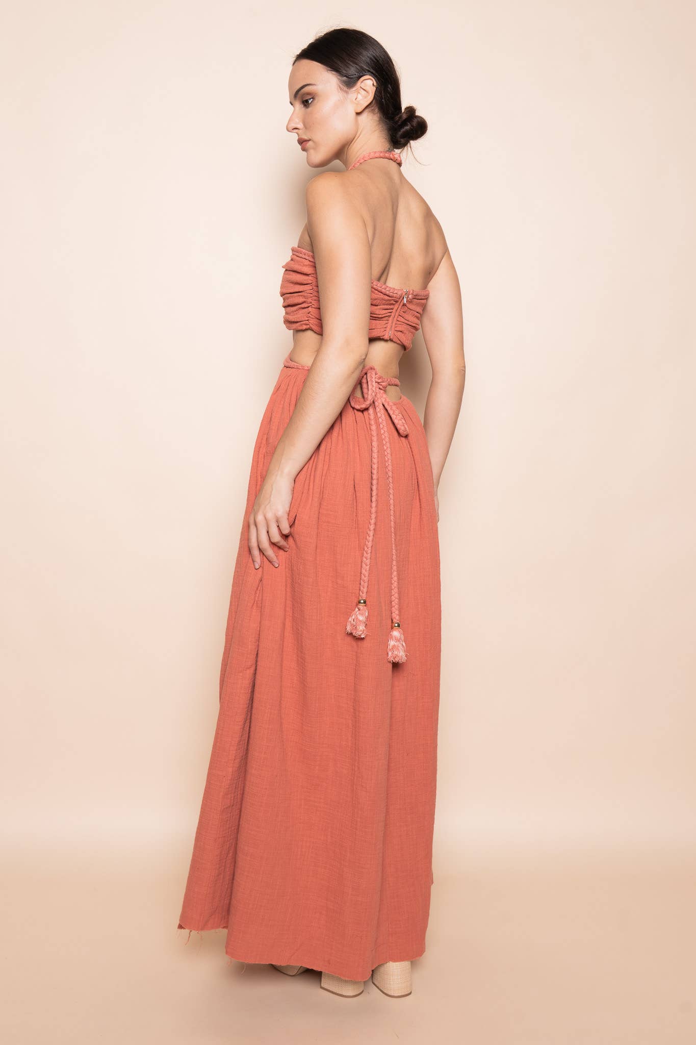 BRAIDED STRAP GOLD BEADIN CUT OUT WAIST MAXI DRESS