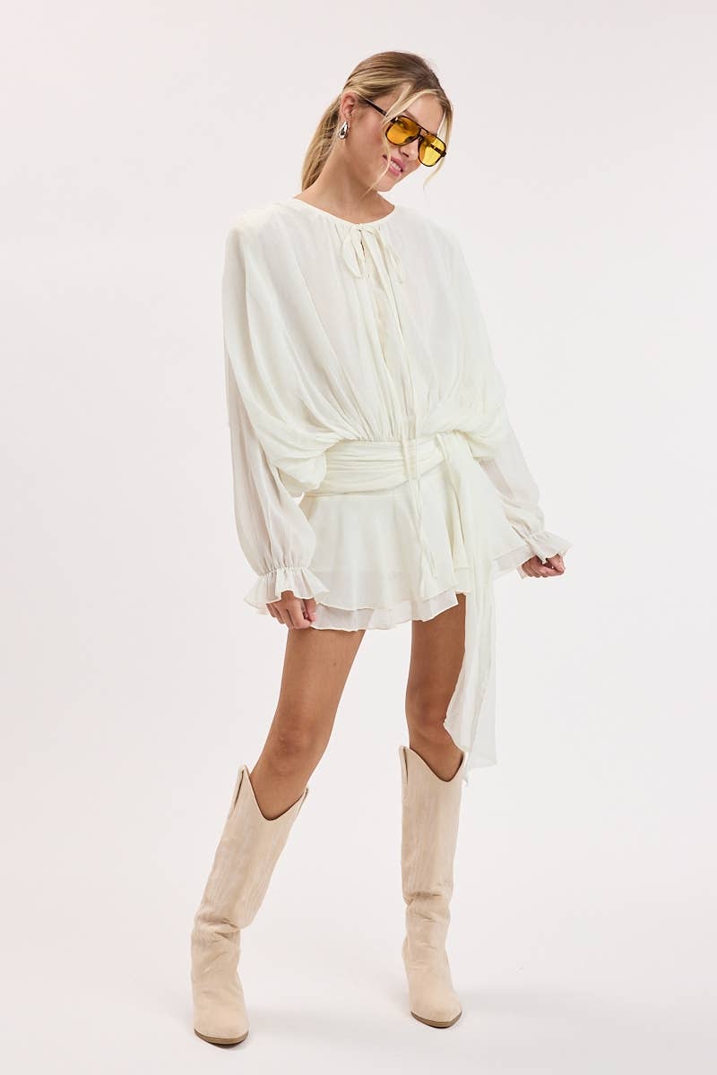 CRINKLE CHIFFON SHOULDER PAD RUFFLE MINI DRESS