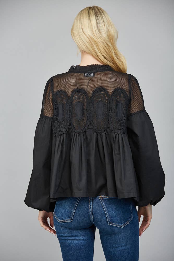 LACE APPLIQUE DETAIL MIXED MEDIA LONG SLV BLOUSE
