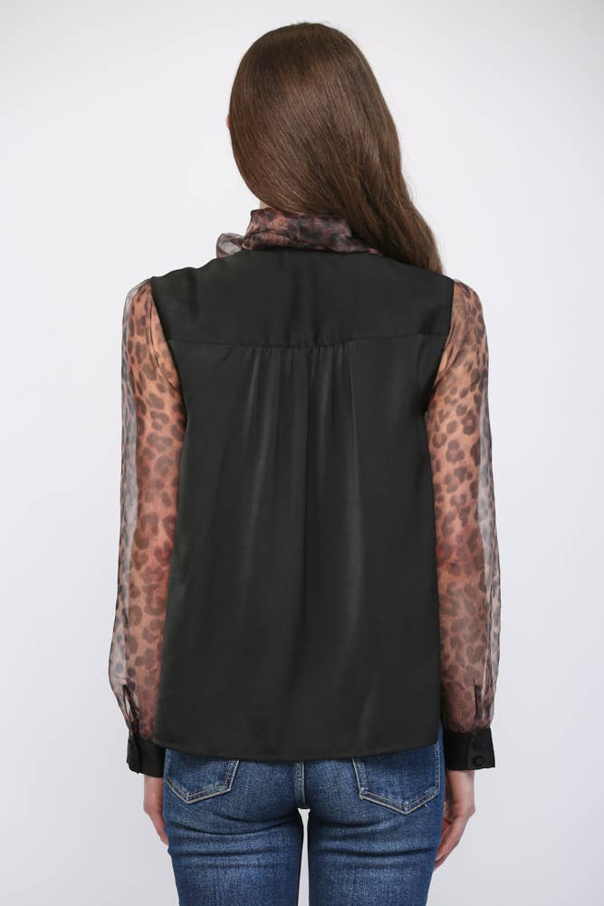 MIXED MEDIA SELF TIE NECKLINE DETAIL BLOUSE