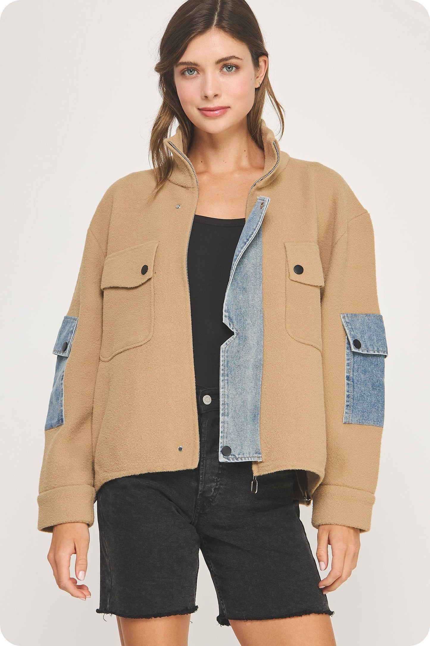 Denim Mixed Media Knit Jacket