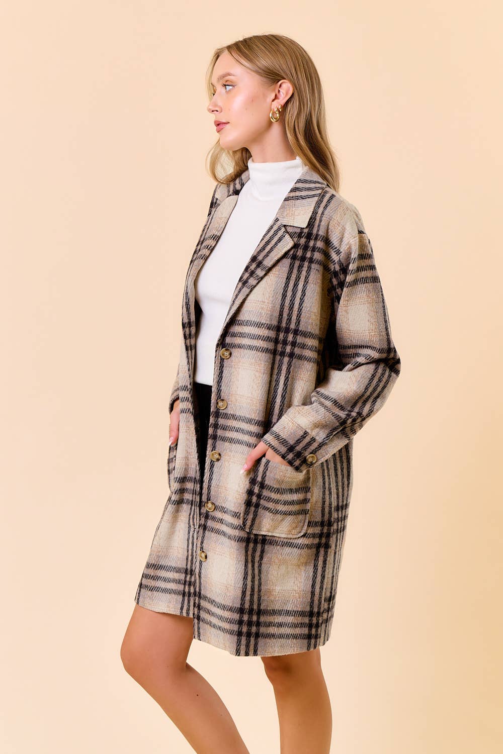 Plaid Front Button Closure Knee Length Coat