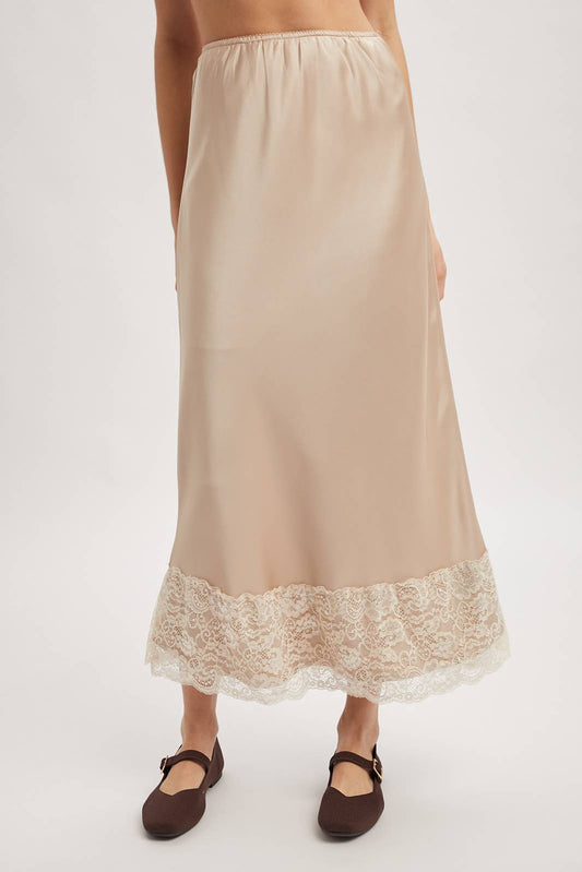 LACE TRIM SATIN MIDI SKIRT