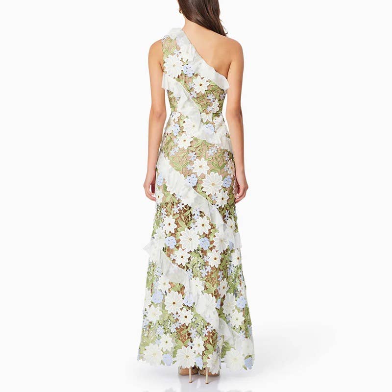 DR409 Floral Embroidered One-Shoulder Ruffle Maxi Dress