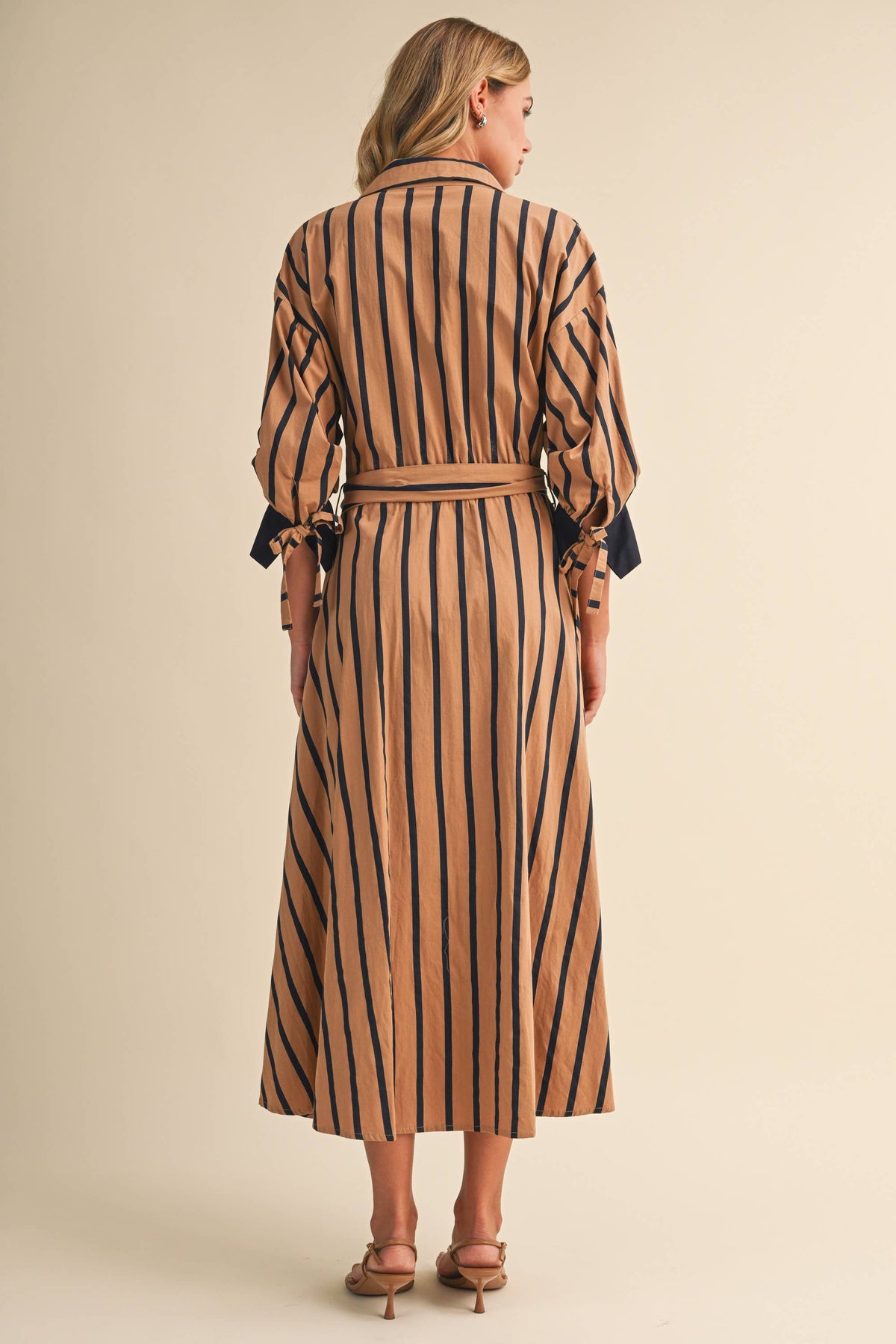 ID10703 STRIPED PRINT PINTUCK DETAIL WAIST MIDI SHIRT DRESS