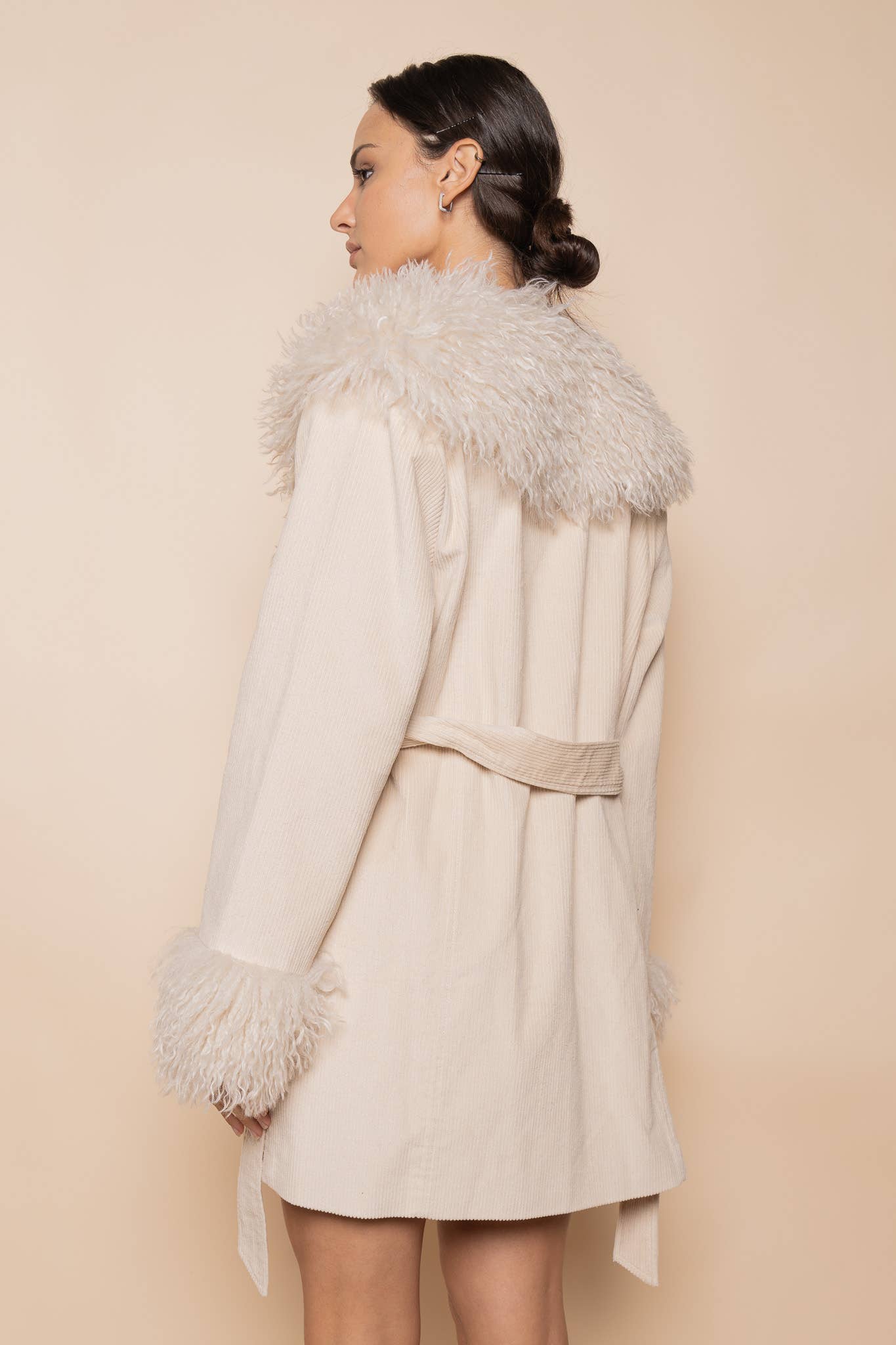 FUR LINED COLLAR HEM WAIST TIE JACKET