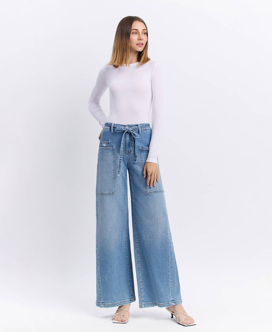 HIGH RISE ELASTIC TIE WAISTBAND BAGGY JEAN