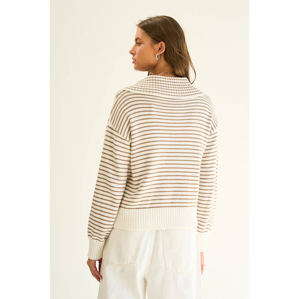 Striped Cotton Blend Zip-Up Sweater with Wide Collar