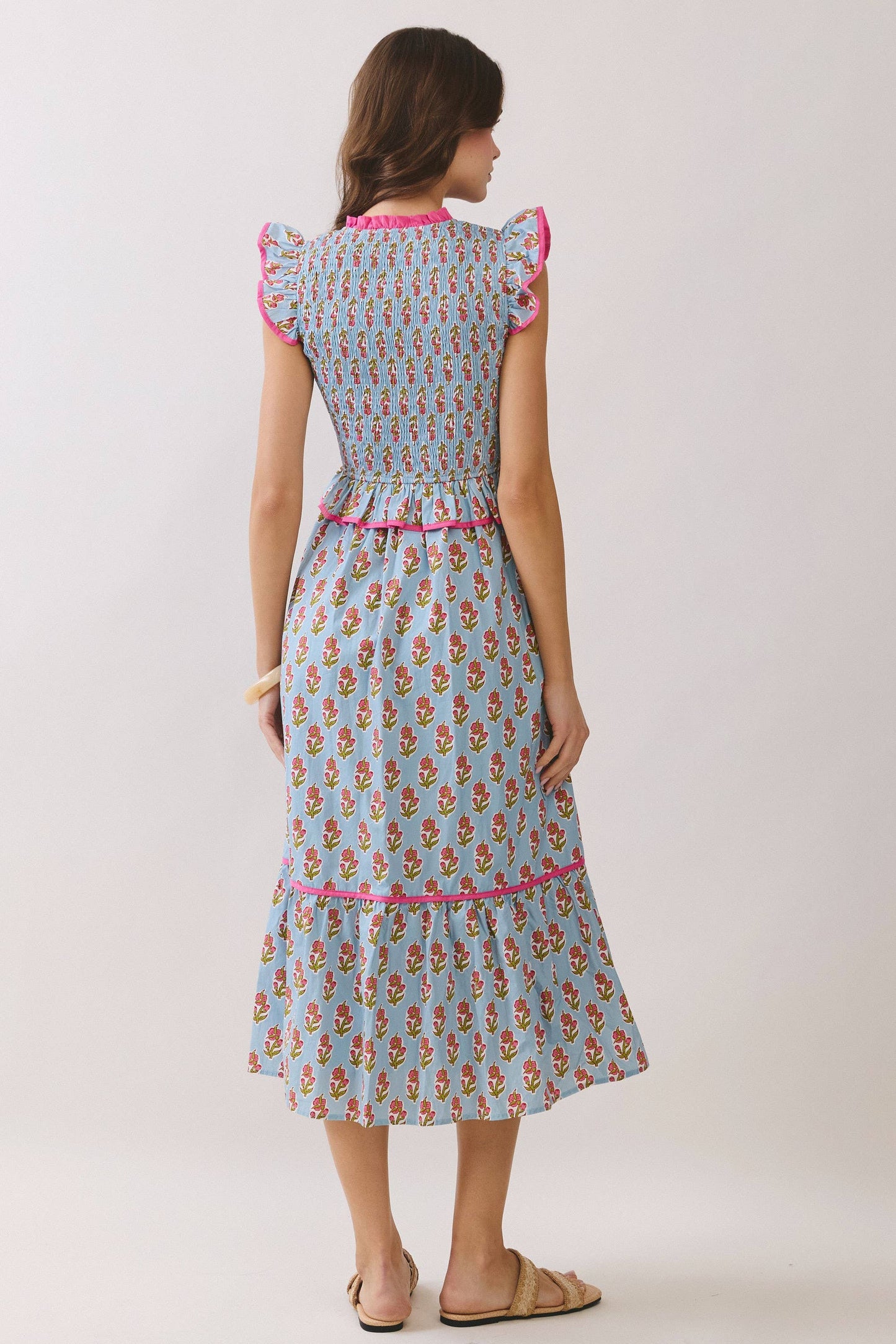 Floral Print Smocked Peplum Tiered Midi Dress