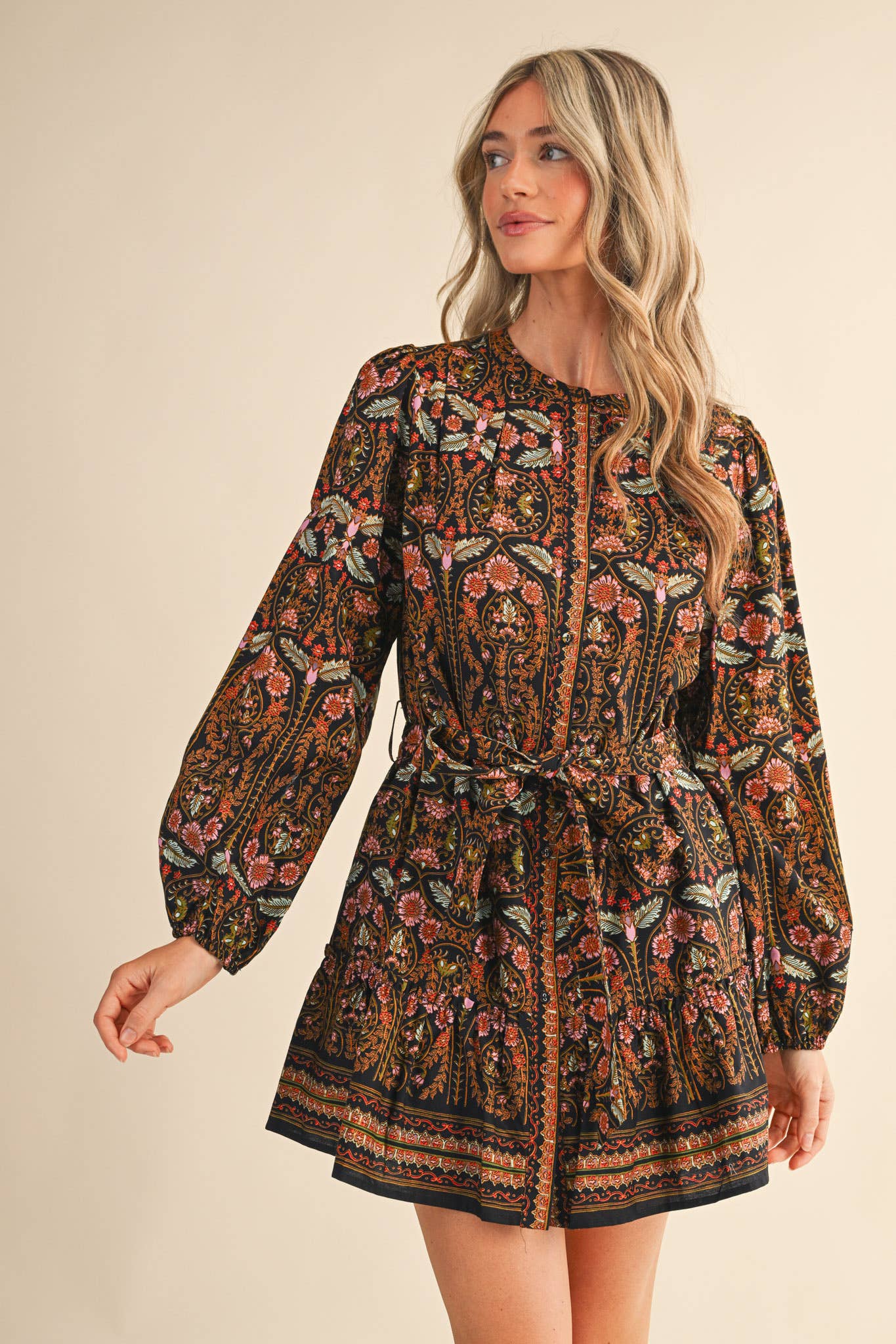 EXCLUSIVE FLORAL PRINT BUTTON DOWN BELTED MINI DRESS