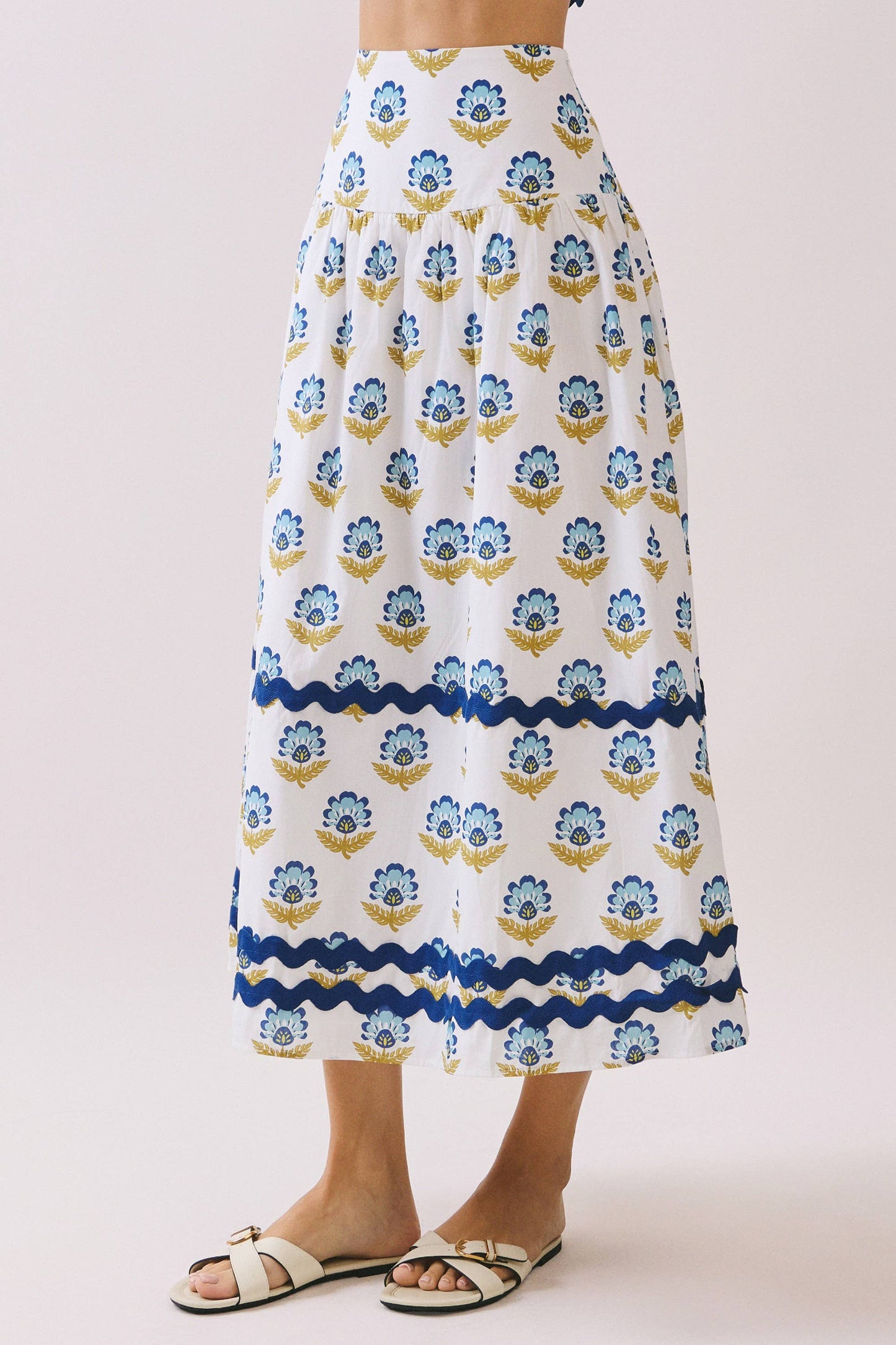 Floral Print Wide Waistband Contrast Border Skirt