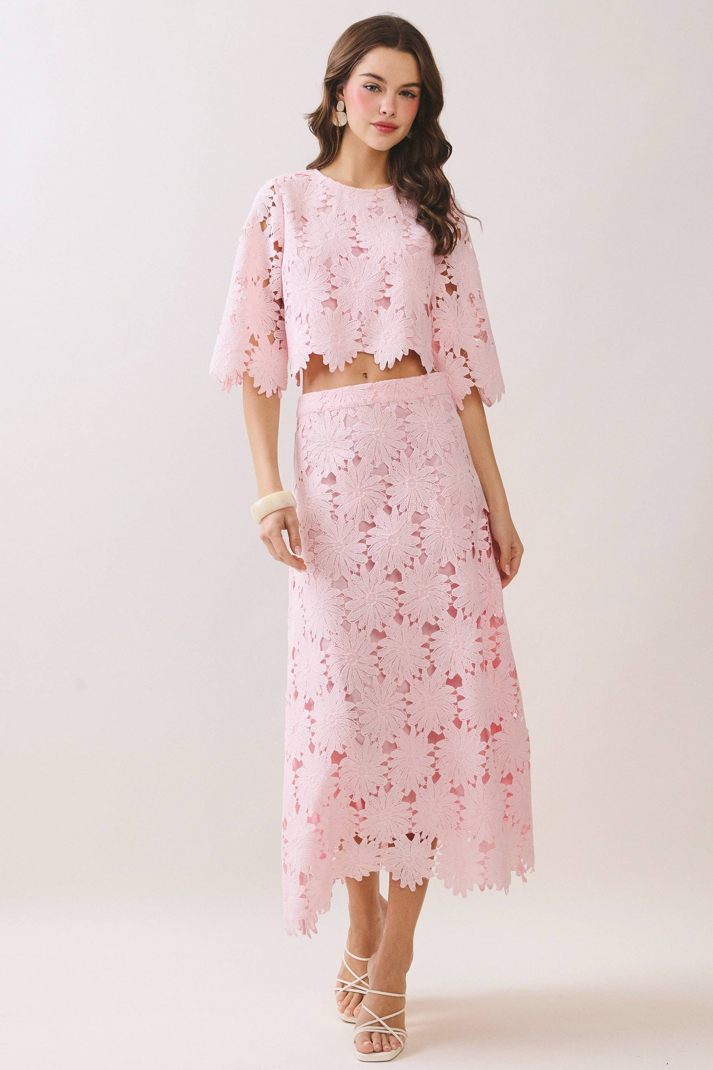 Floral Lace Scalloped Hem Fully Lined Midi Skirt