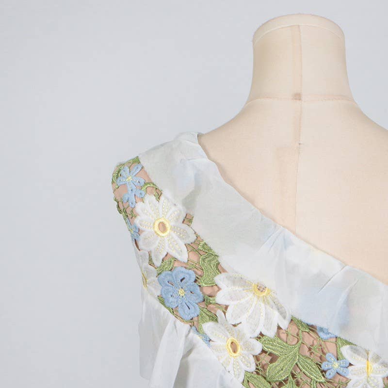 DR409 Floral Embroidered One-Shoulder Ruffle Maxi Dress
