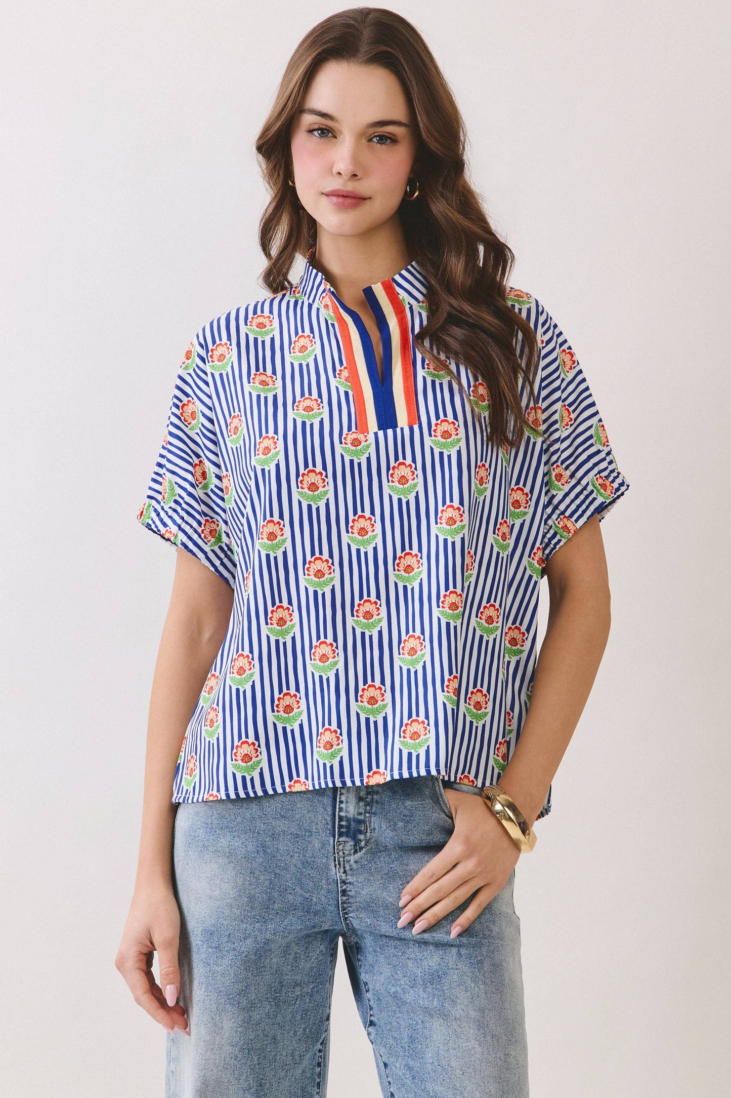 Floral Stripe Print Split Neck Blouse