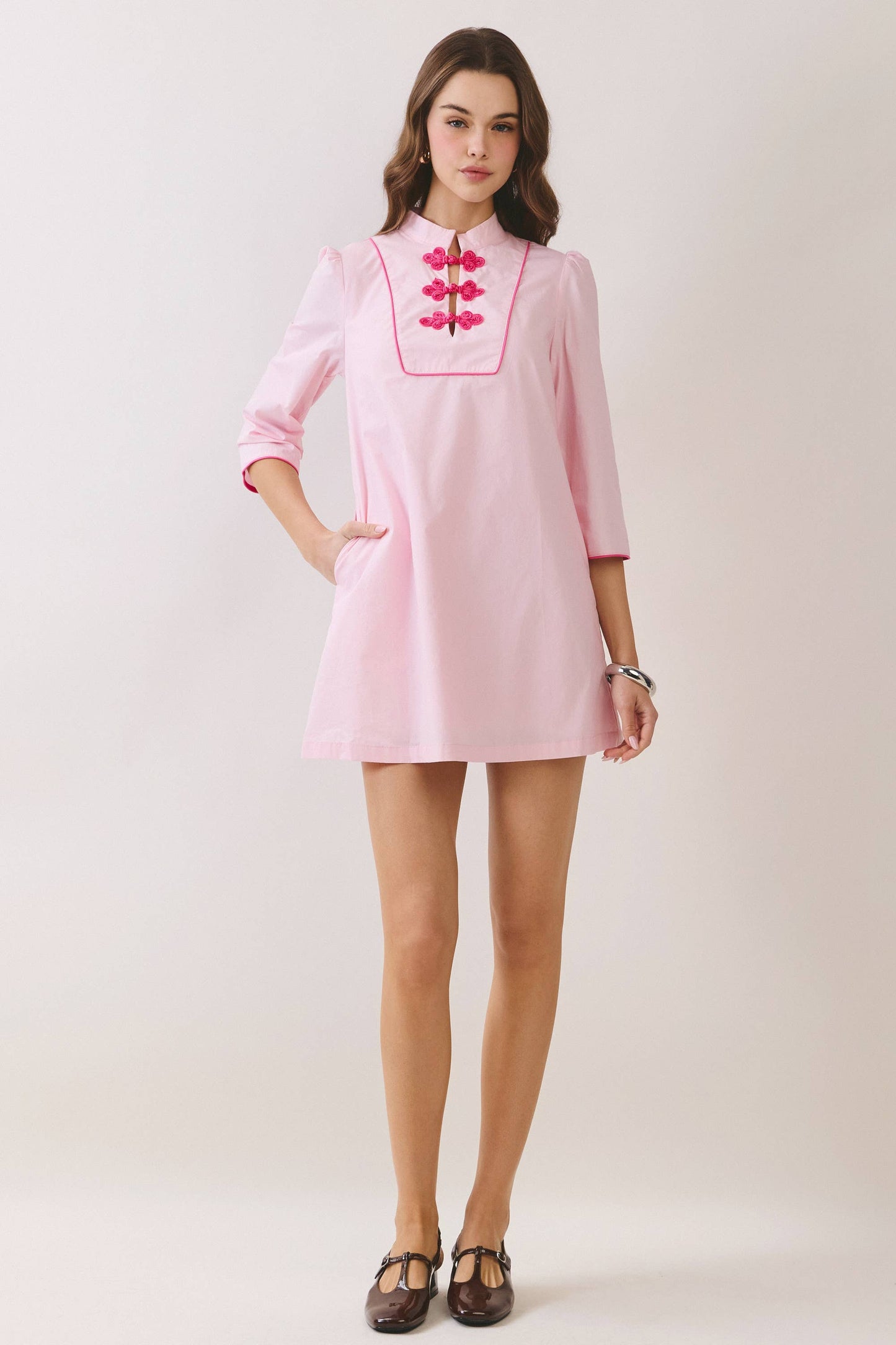 Mandarin Collar Contrast Frog Button Detail Dress
