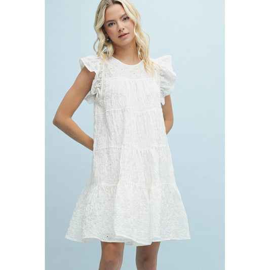 EYELET RUFFLE SLEEVE MINI DRESS